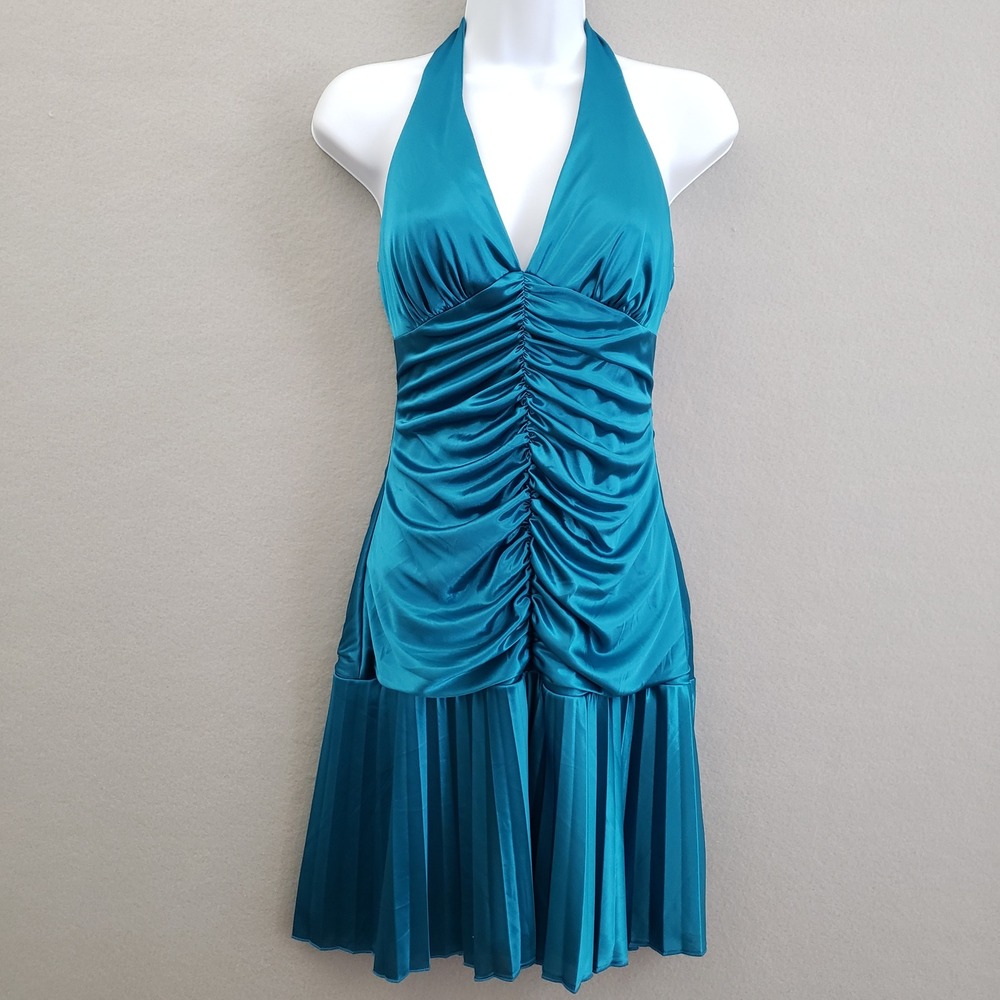Vtg Jodi Kristopher Teal Blue Satin Halter Dress M Ruched Pleated Y2K Prom READ - Picture 2 of 15